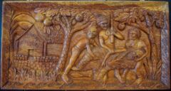 A view of the wooden carving depicting the martyrdom of Bishop John Patteson having been killed by Solomon islanders