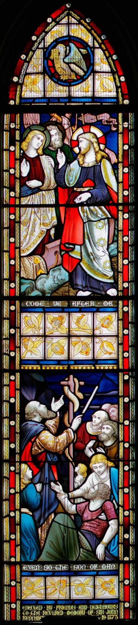 A stained glass window in Escot church depicting Jesus calling Peter to walk on water and Moses lifting up the serpent