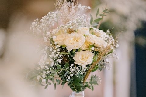 An arrangement of flowers in a church