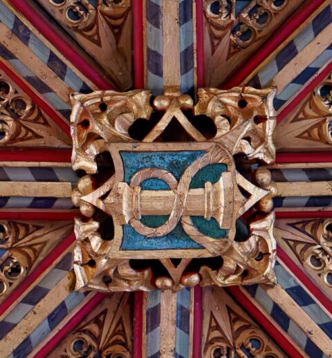 A view of one of the ceiling bosses in Payhembury church depicting the scourging of Jesus