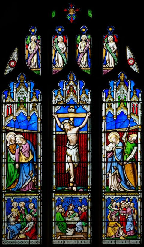 A view of the three panel east window with scenes from Jesus' life