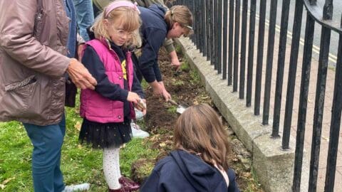 A picture of children planting bulbs in the churchyard