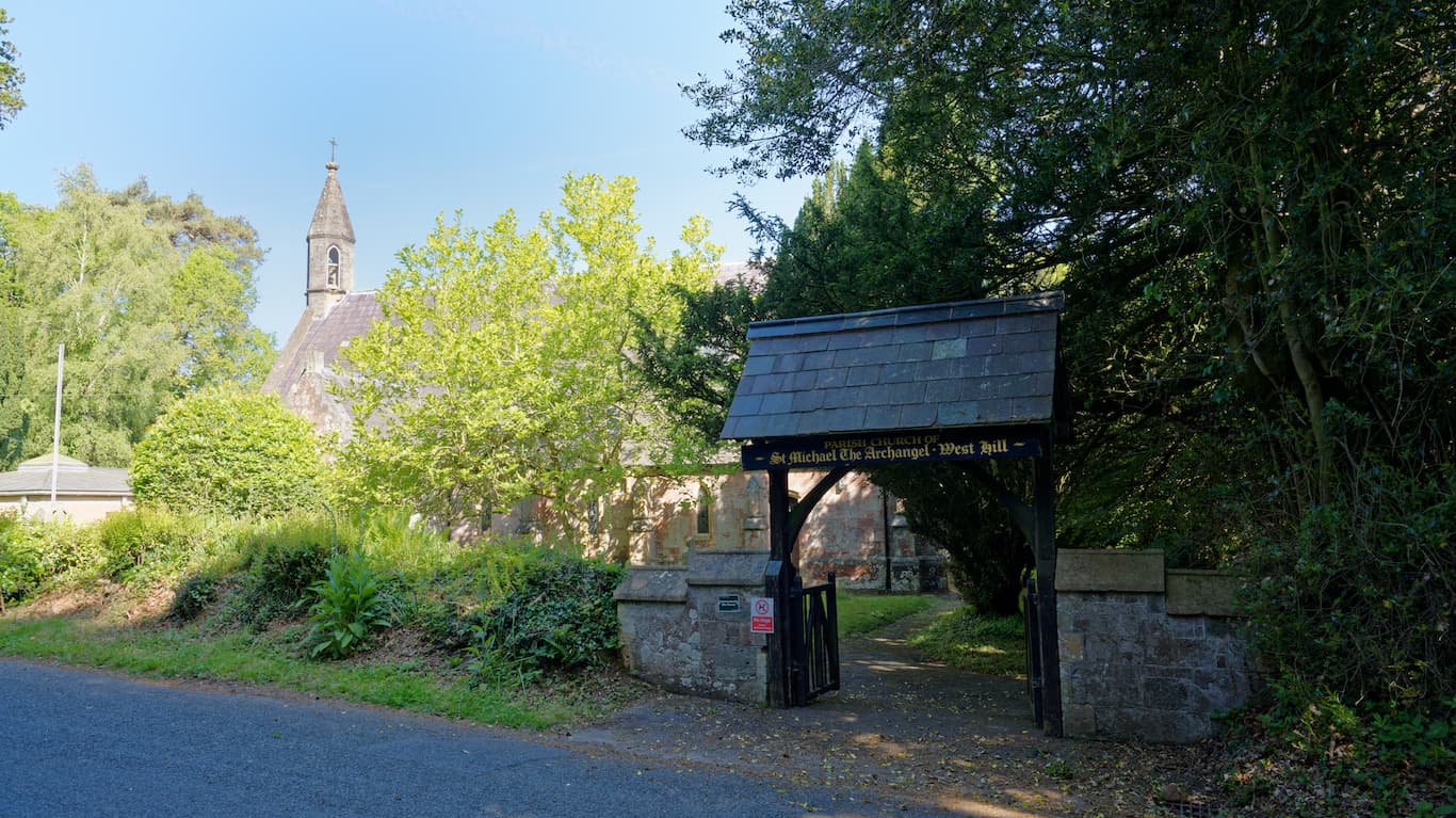 Looking towards the south-side of West Hill church and the lychgate