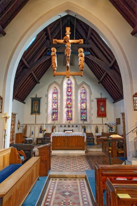 A view inside West Hill church looking east at the altar