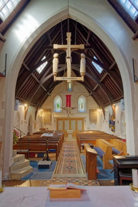 A view from behind the altar looking west to the font in West Hill church