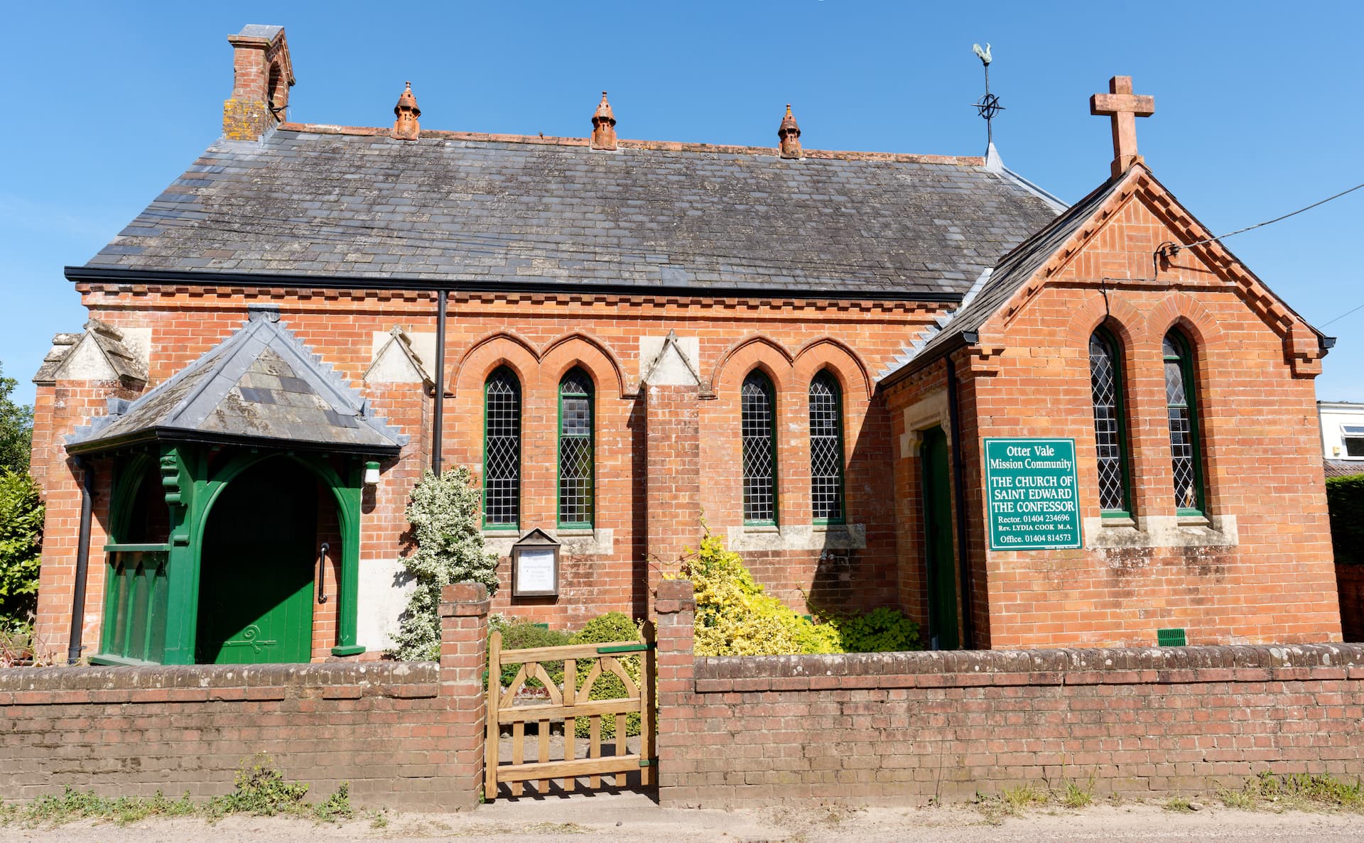 A view of the south-side of Wiggaton church showing the entrance porch and Edwardian brick design